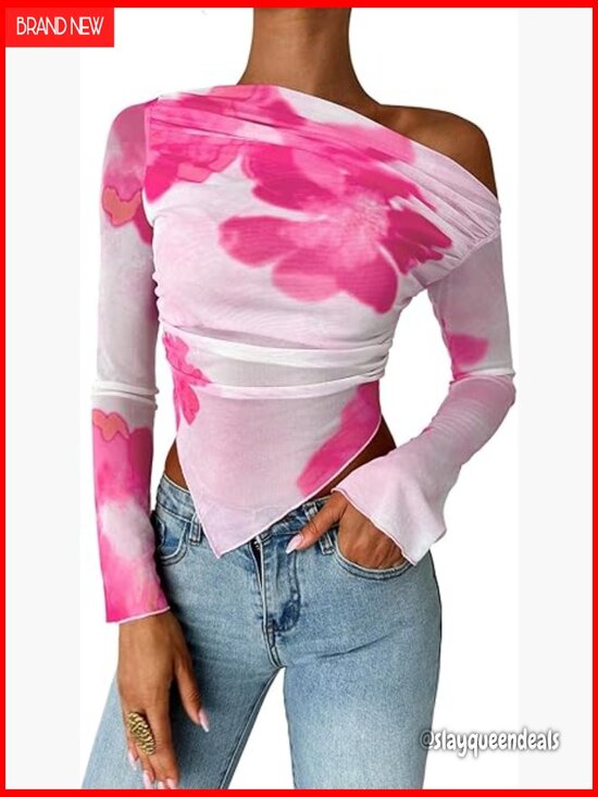 Tops - Sheer Mesh Flare Sleeve Off Shoulder Crop Top Slim Fit